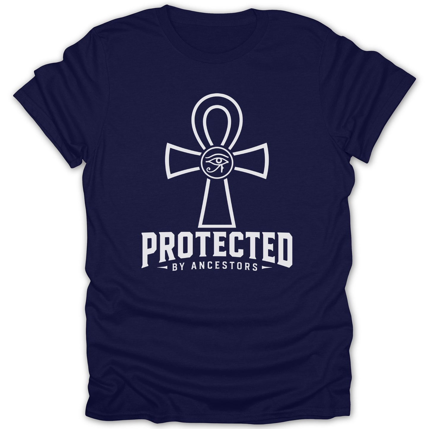 Navy t-shirt with white ankh symbol and "PROTECTED BY ANCESTORS" text.