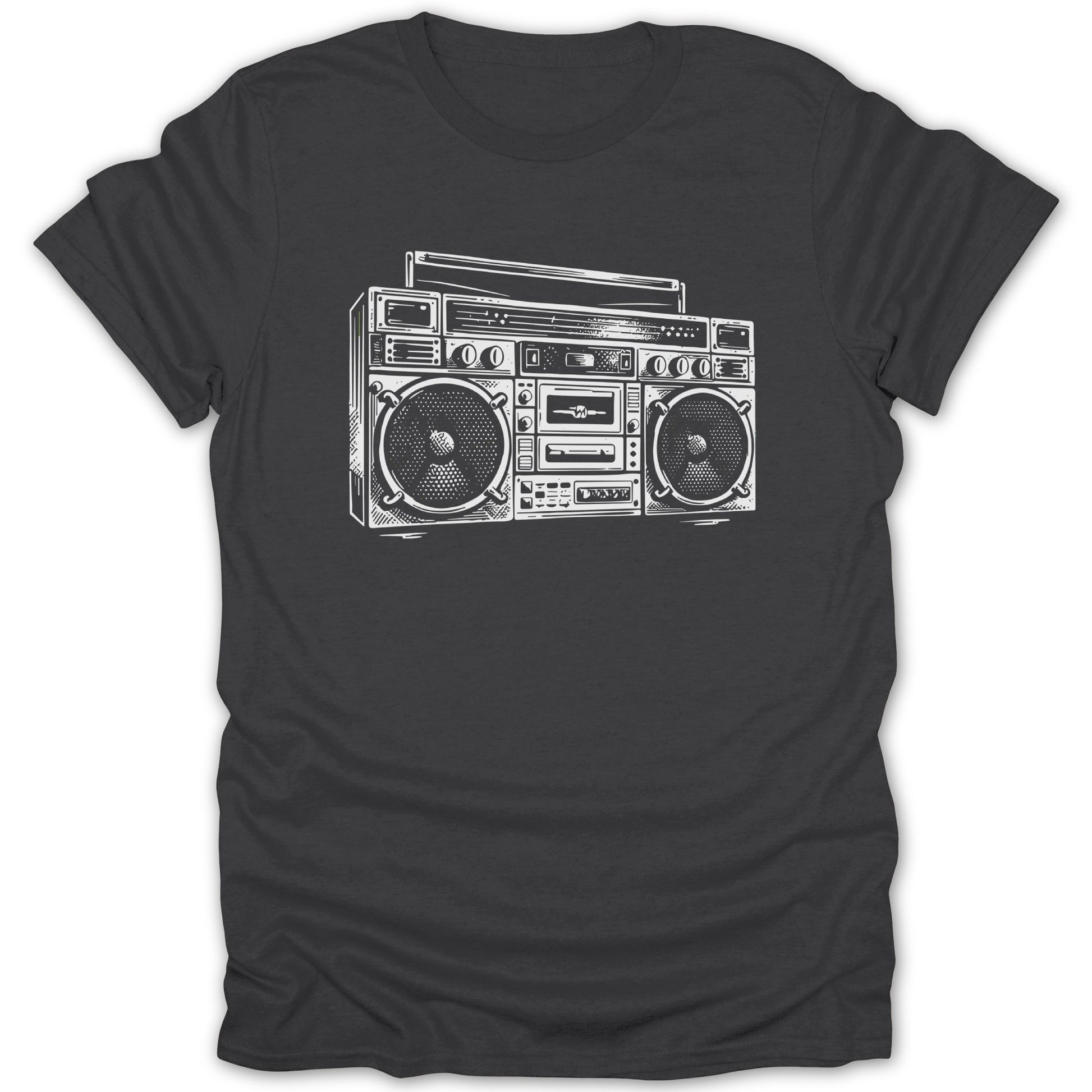 Sketch or outline of a boombox on a dark gray t-shirt