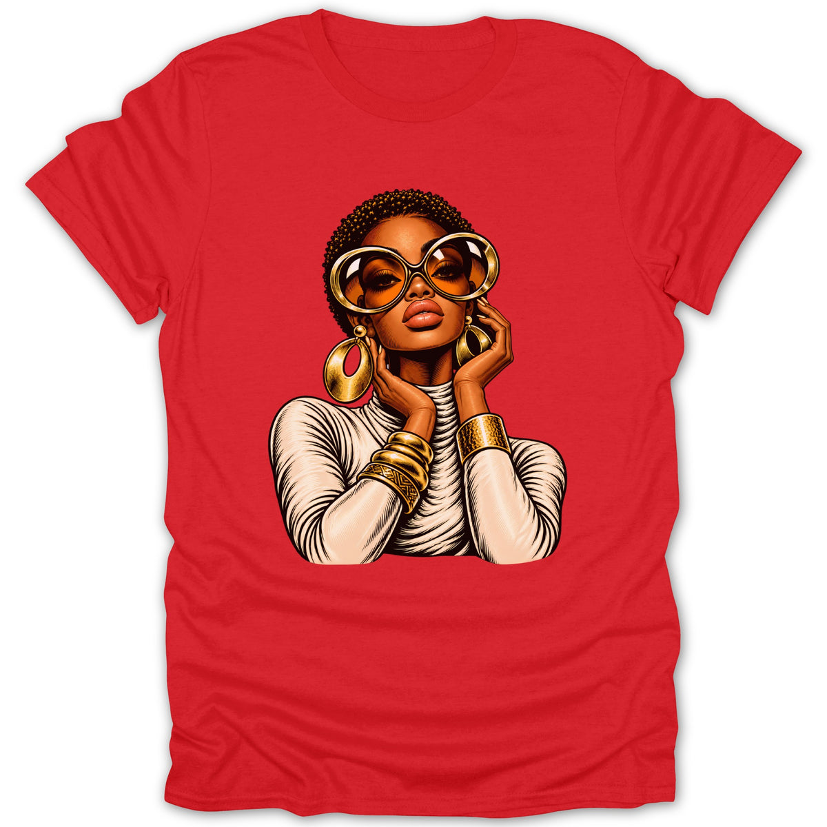 Red t-shirt featuring a vintage pop art illustration of a woman in large sunglasses and gold jewelry.