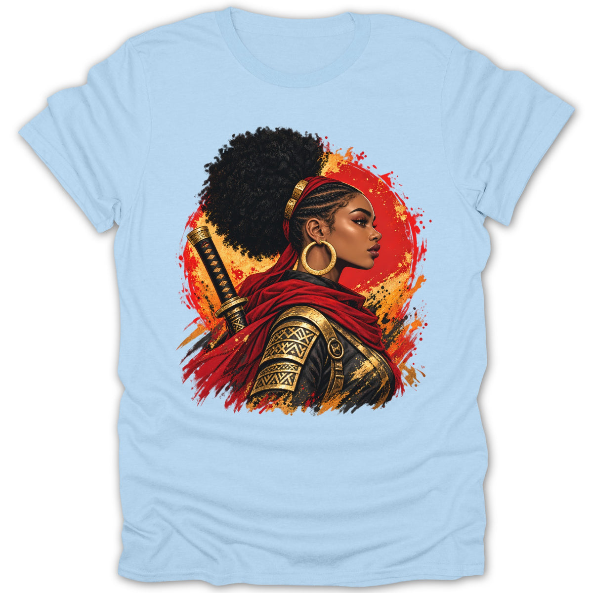 Illustration of a Black woman warrior with a samurai sword, wearing red and gold armor.