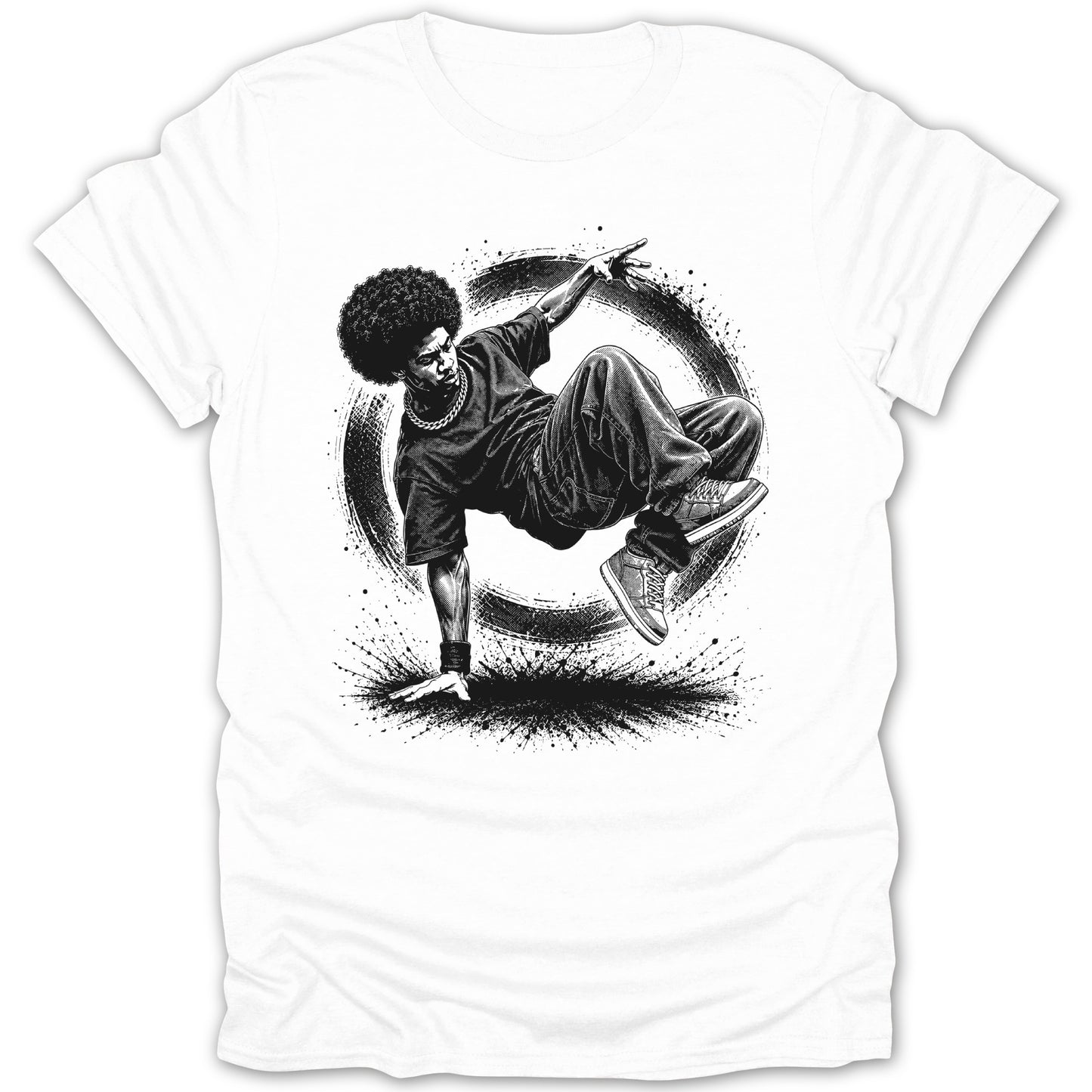 Black and white ink drawing of a breakdancer performing a move within a circular splash.