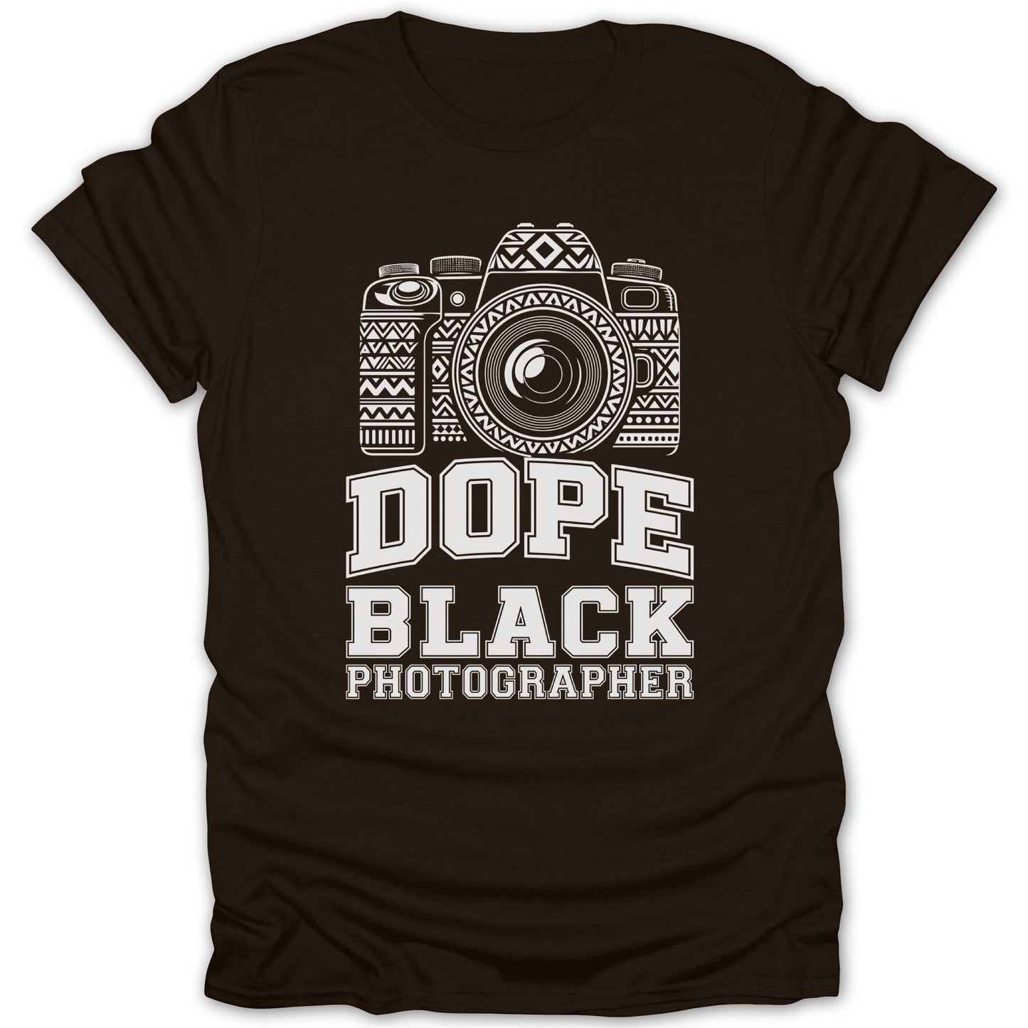Brown t-shirt with white graphic of vintage camera and text "DOPE BLACK PHOTOGRAPHER".