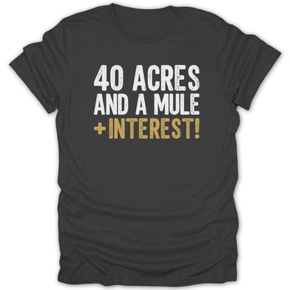 Dark grey t-shirt with "40 ACRES AND A MULE + INTEREST!" in white and gold text.