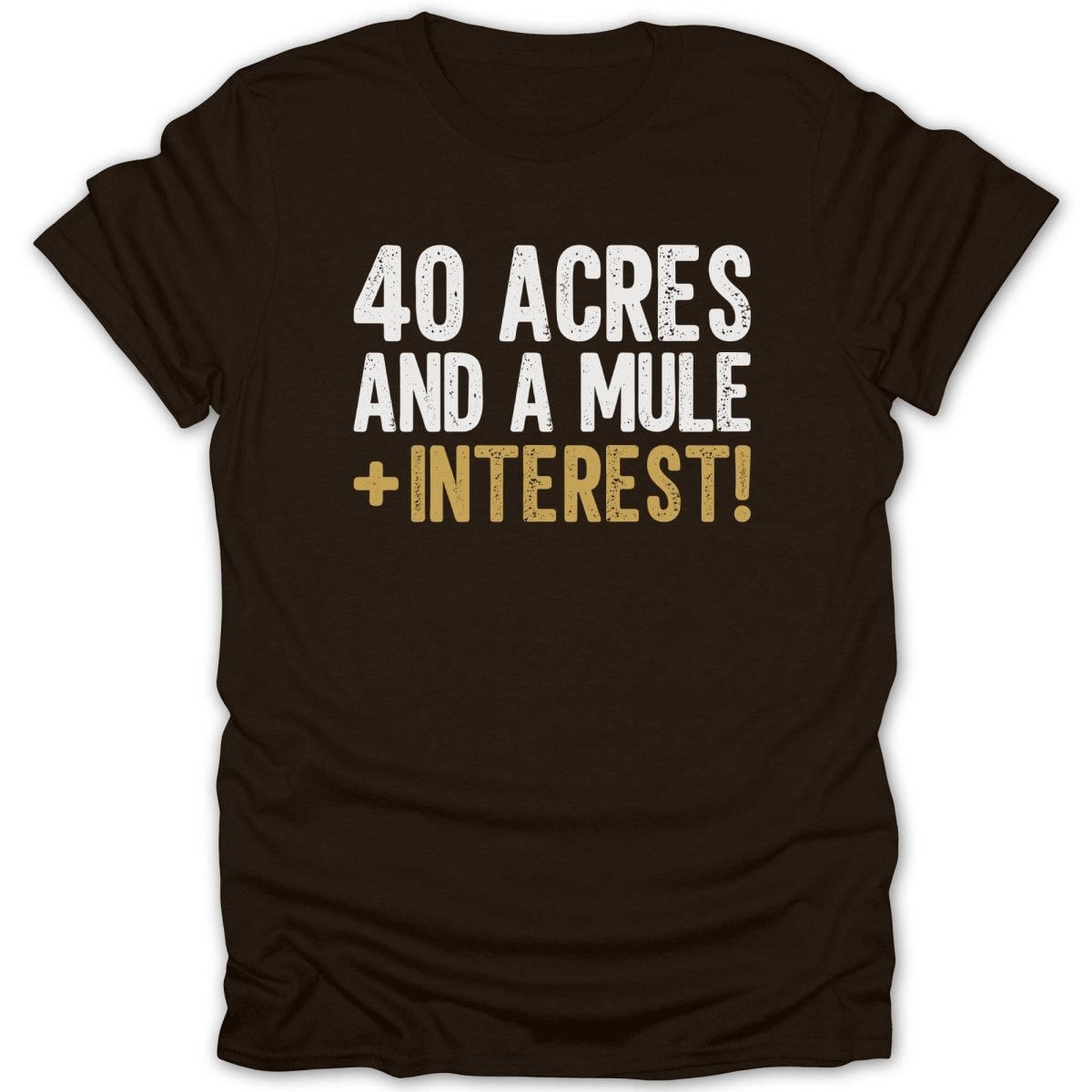 Brown t-shirt with white text: "40 ACRES AND A MULE + INTEREST!"
