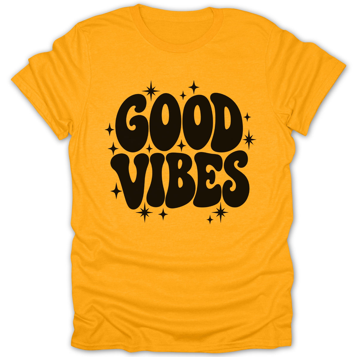 Orange t-shirt with black "GOOD VIBES" text and star accents.