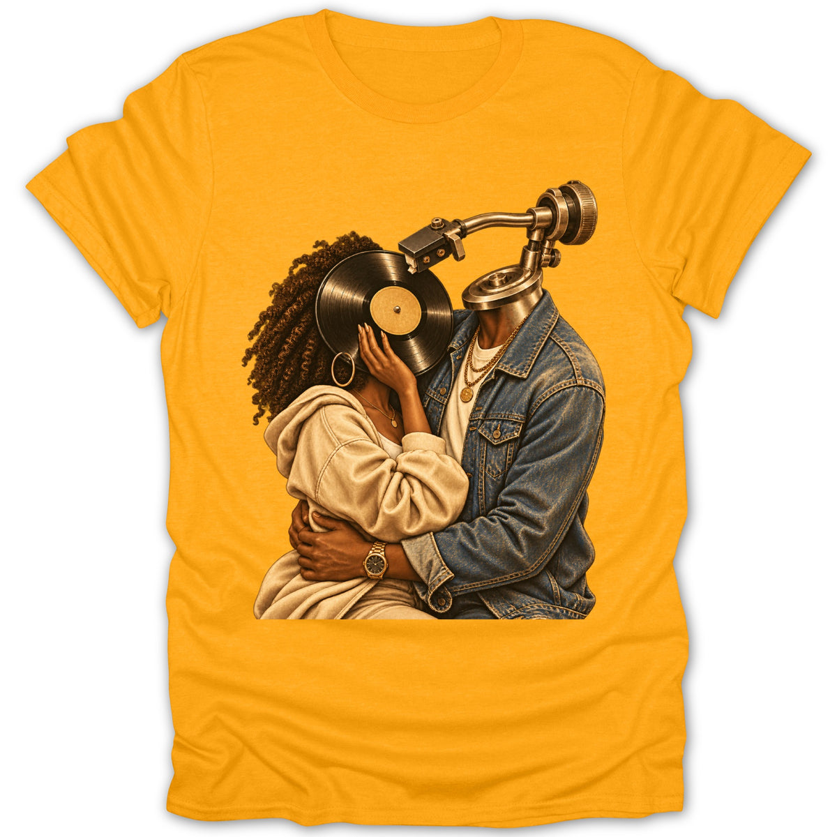 Couple with vinyl record head and turntable embraces on yellow t-shirt.