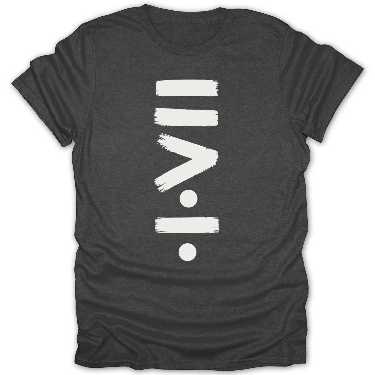 Dark gray t-shirt with white abstract art design of stripes, a V, and circles.