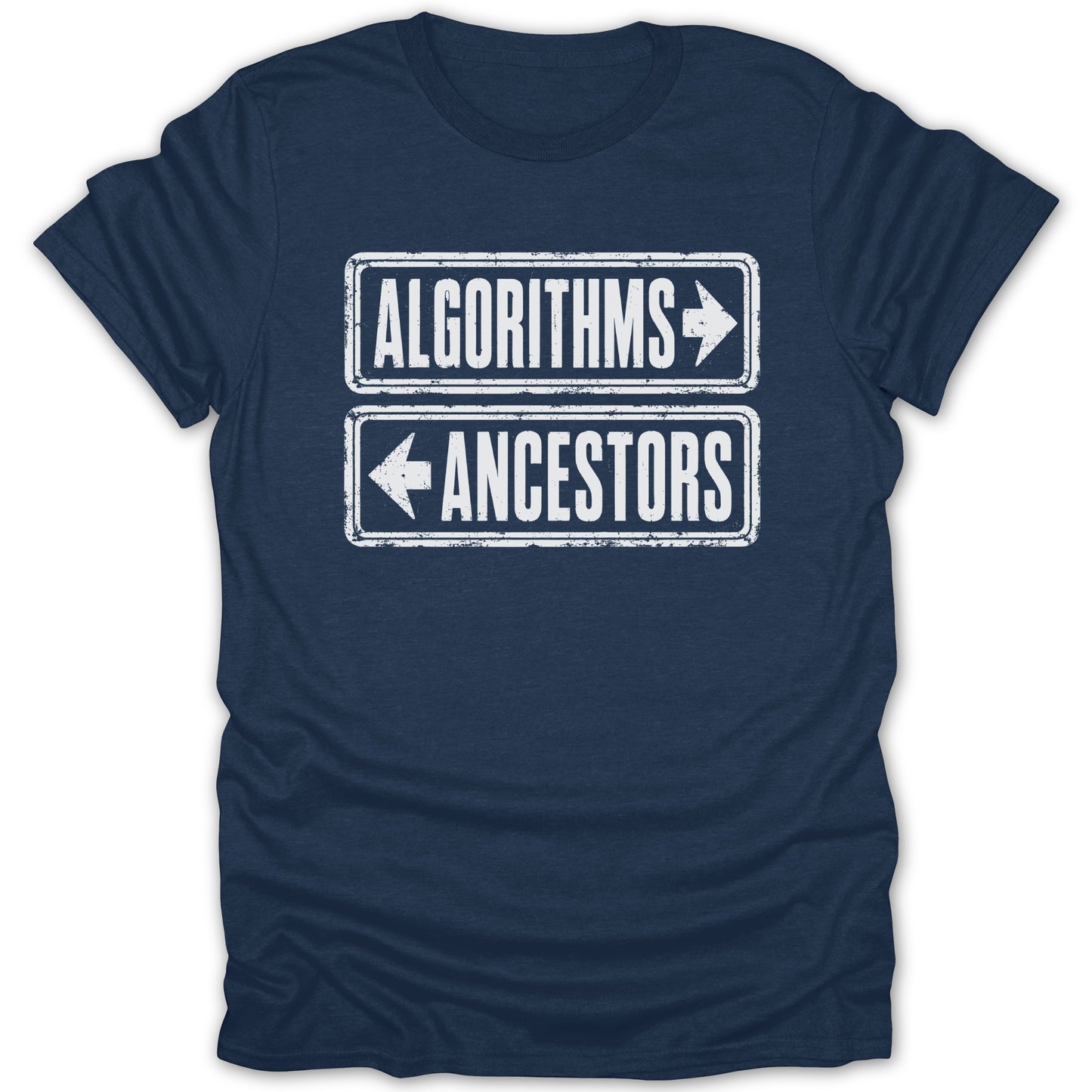 Navy t-shirt with directional signs for "Algorithms" and "Ancestors."