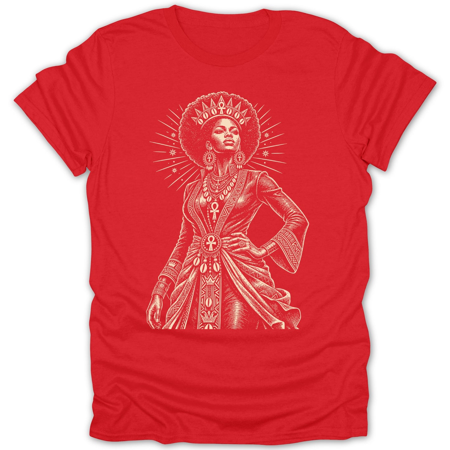 Red t-shirt with a cream-colored drawing of a regal African queen in ornate attire.
