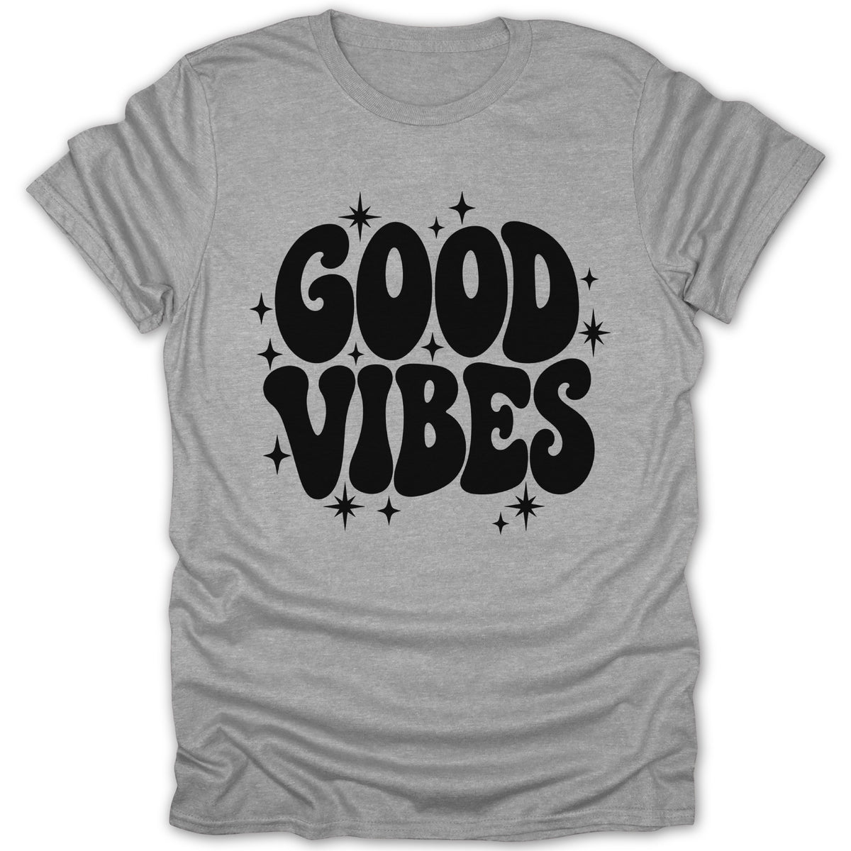 Grey t-shirt with black "GOOD VIBES" text and surrounding starbursts.