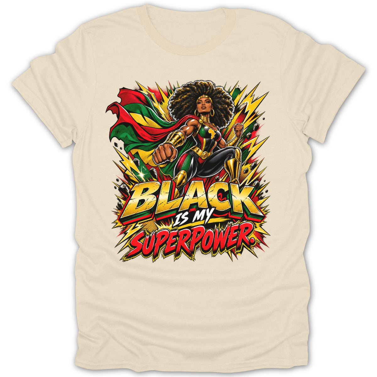Comic style illustration of a powerful Black woman with afro and cape, text reads "BLACK IS MY SUPERPOWER".
