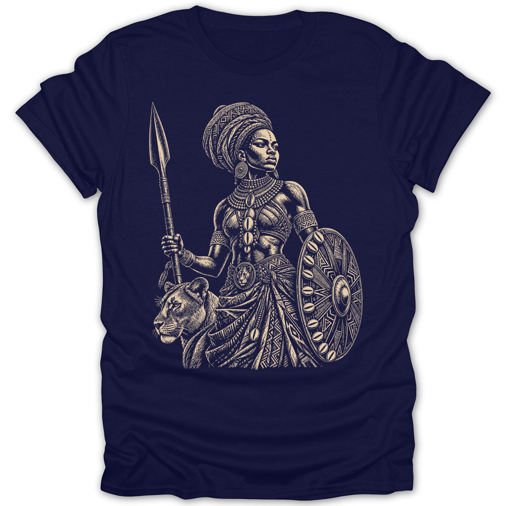 T-shirt graphic: Woman warrior with spear, shield, lion, and African patterns.
