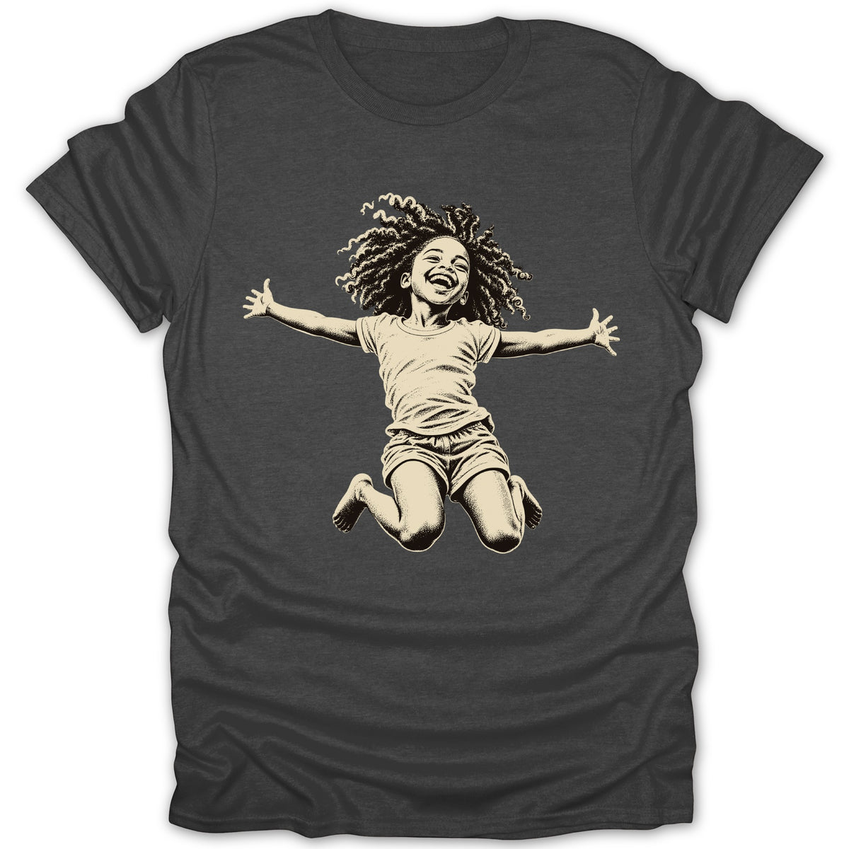 T-shirt with a graphic of a laughing child jumping with arms outstretched.