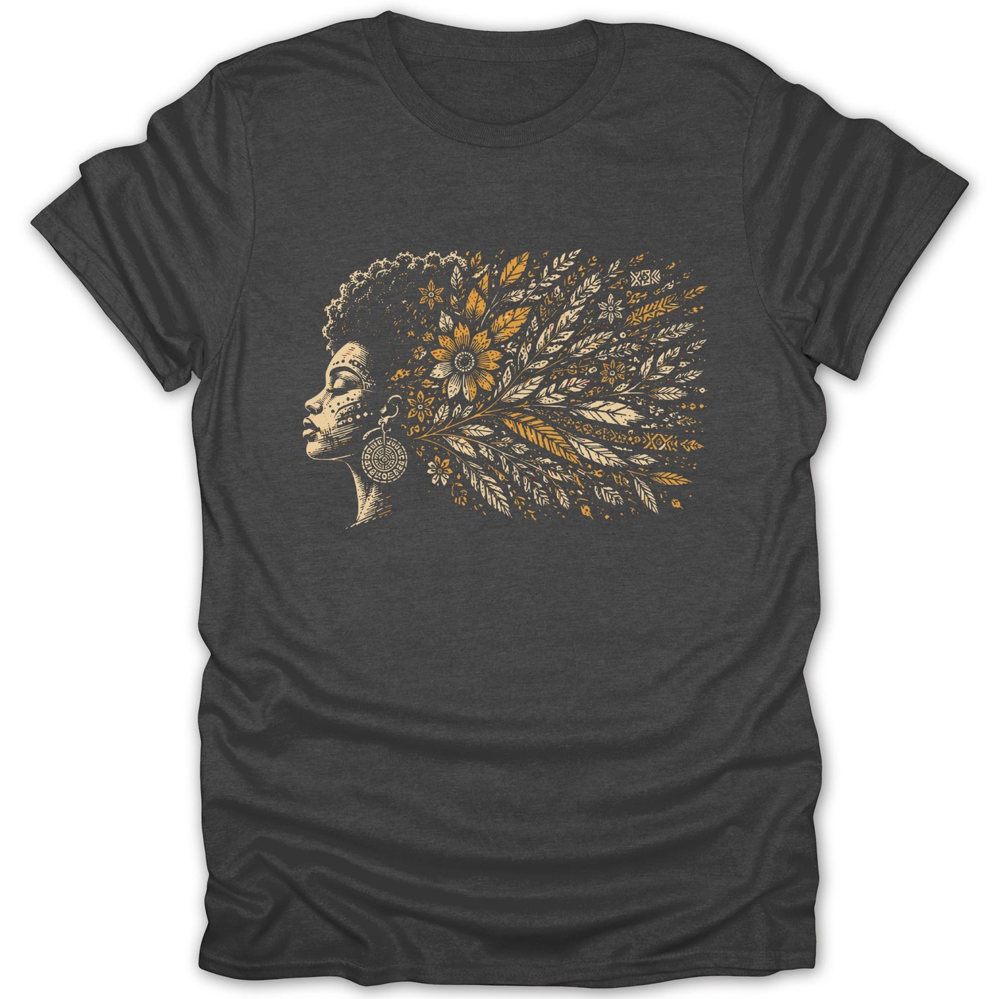 Dark grey t-shirt with a side profile of a woman's head with floral and leaf designs in her hair.
