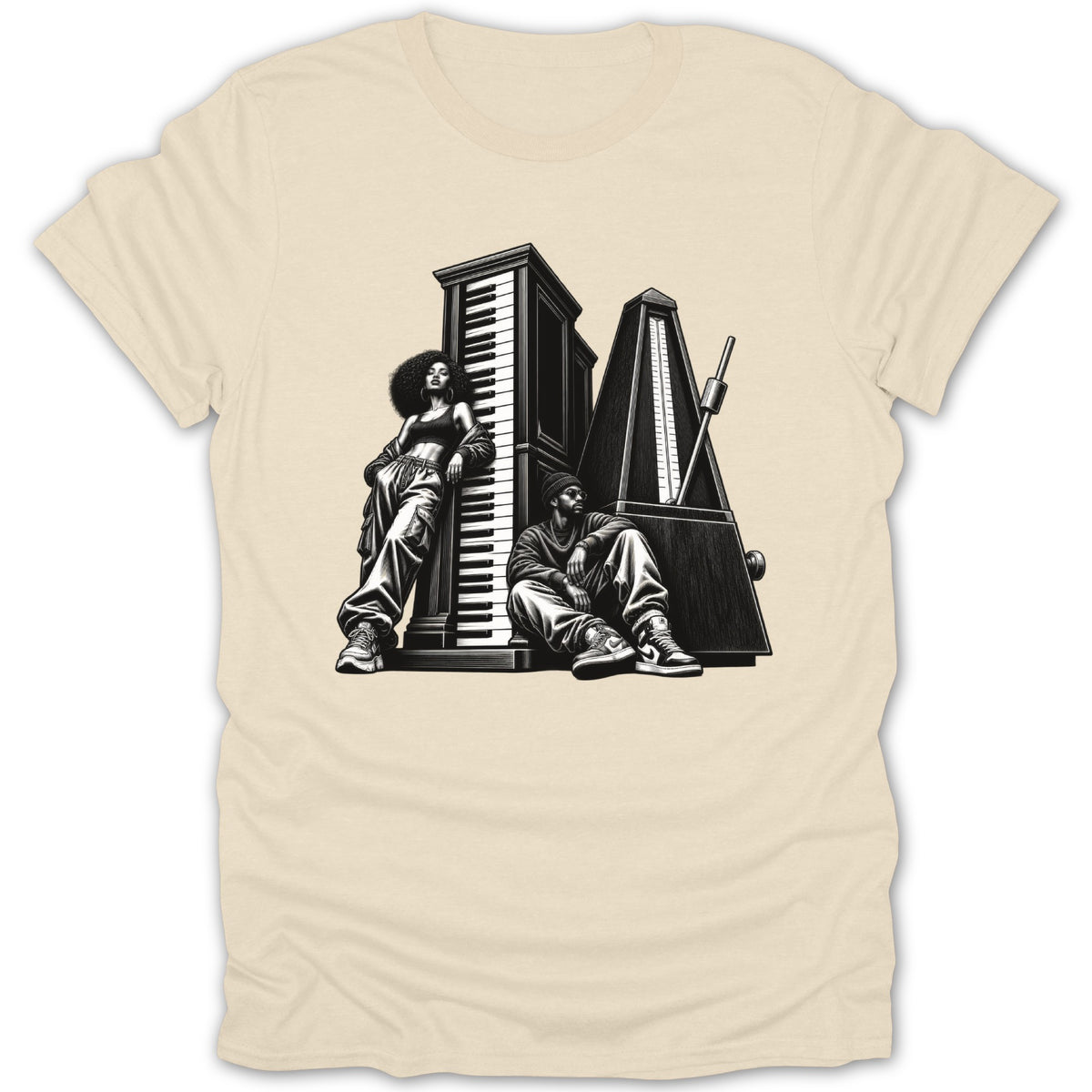 Black and white illustration of two people with a piano and metronome.