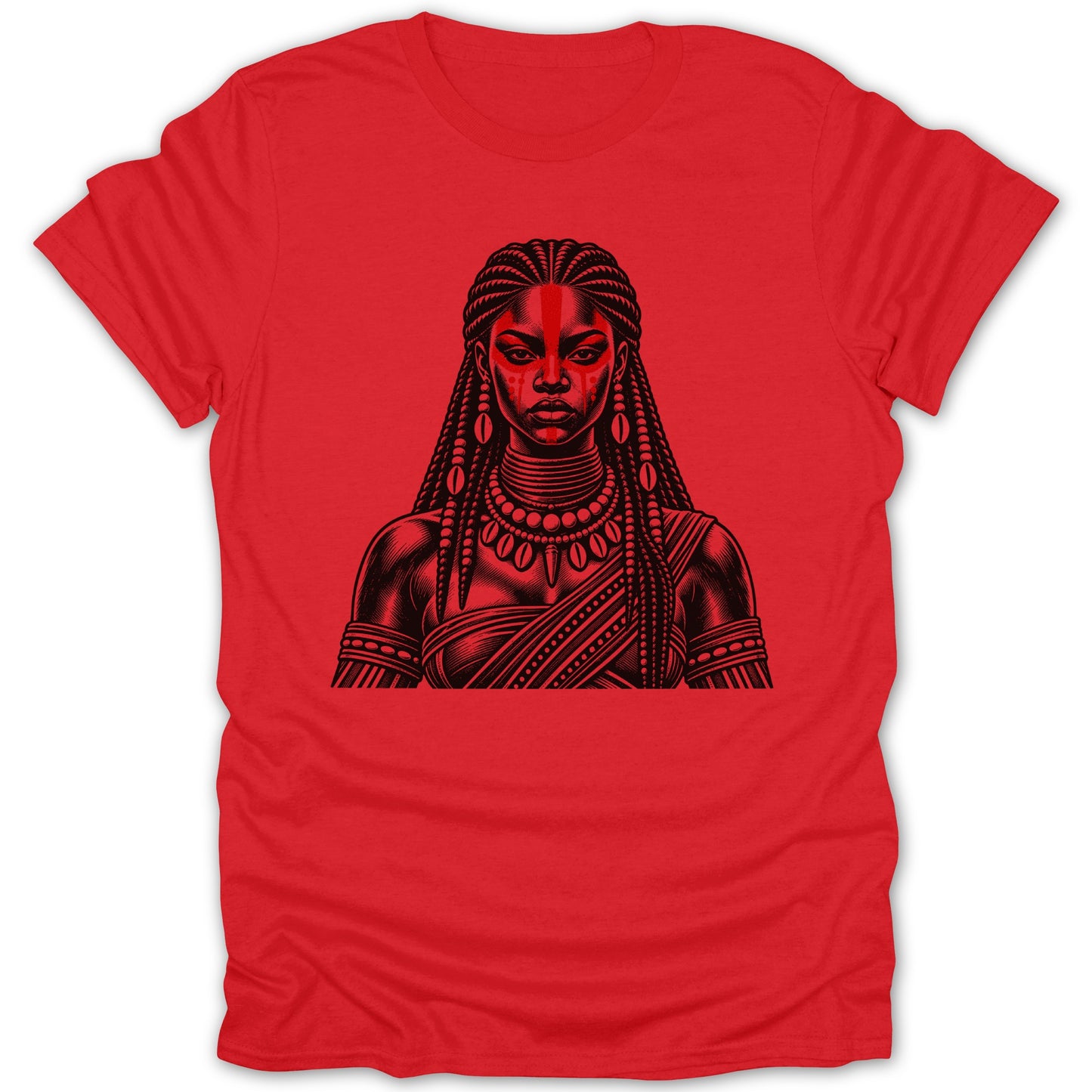 Red t-shirt with black illustration of a woman with braided hair and face paint.