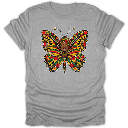 Butterfly graphic with a woman's face and African-inspired patterns on a gray t-shirt.