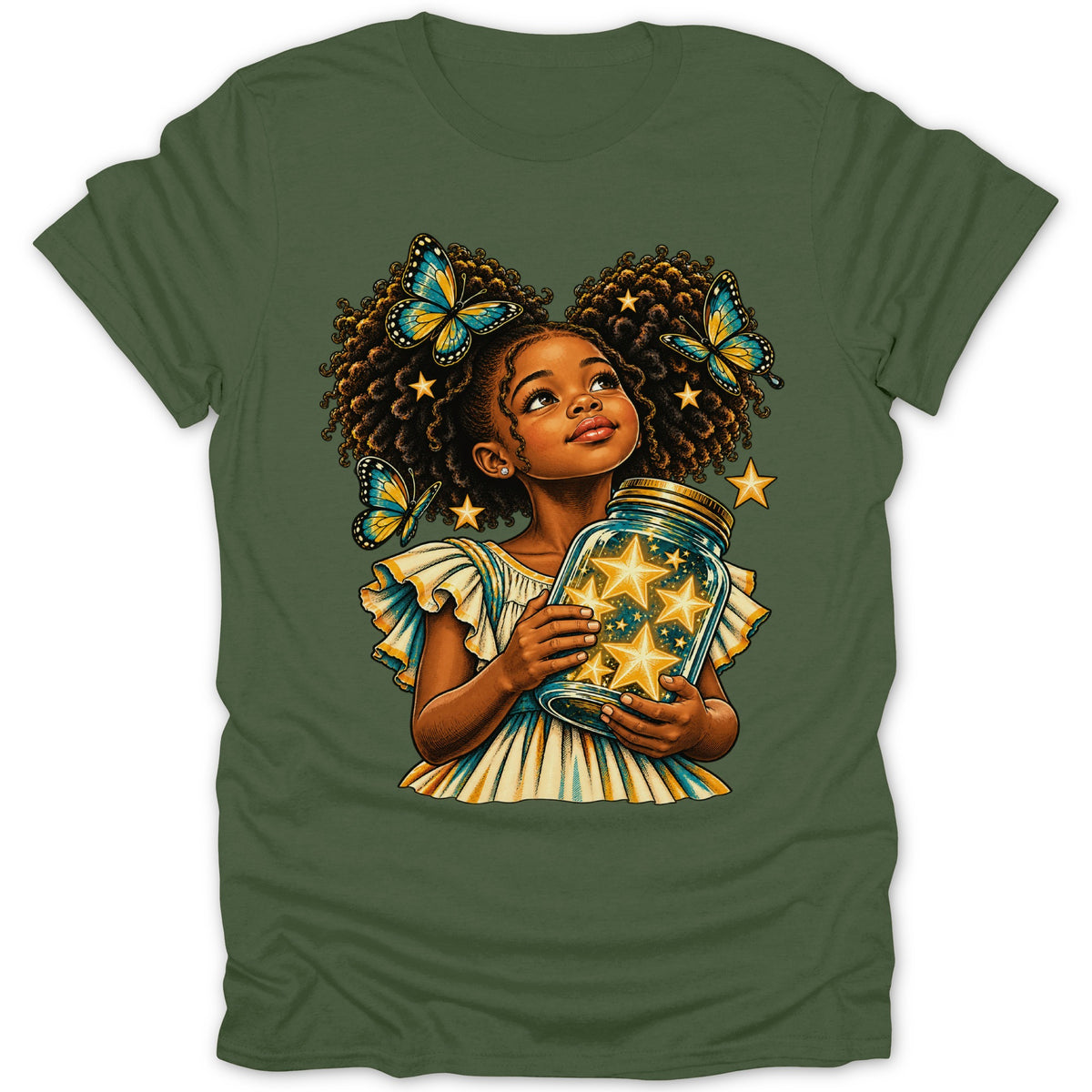 Young girl with curly hair and butterflies holds a jar of stars.