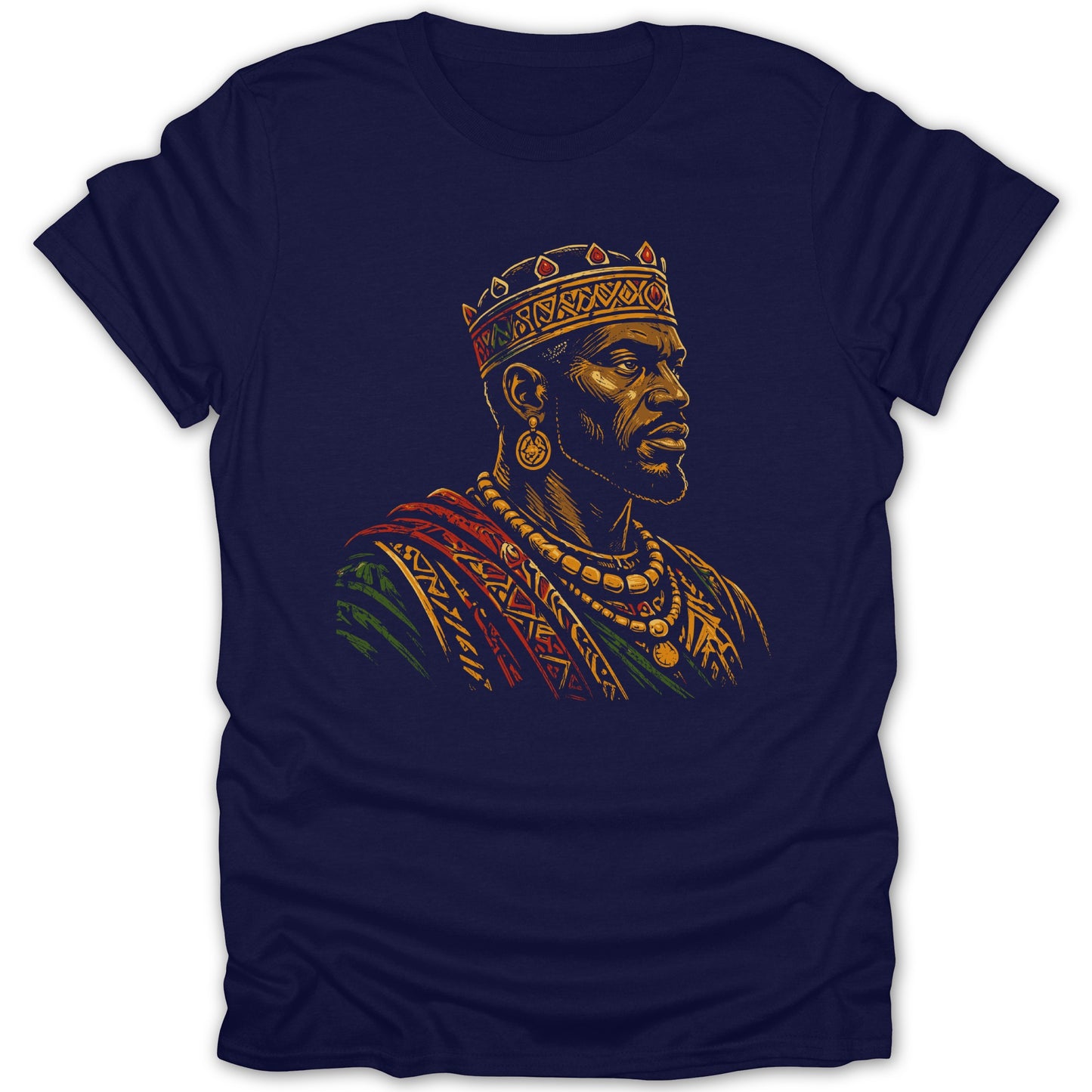 T-shirt with a stylized portrait of a crowned Black king wearing jewelry.