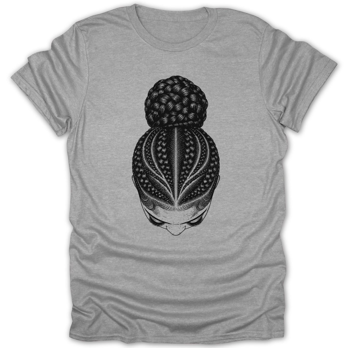 Black and white illustration of a person's head from above with intricate braids and a bun.