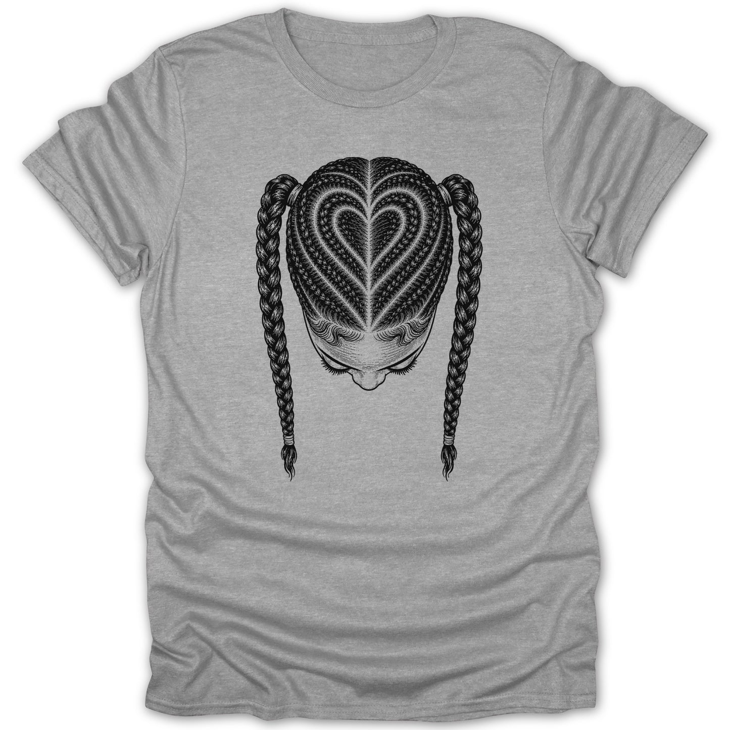 Gray t-shirt with a black heart-shaped braided hairstyle design.