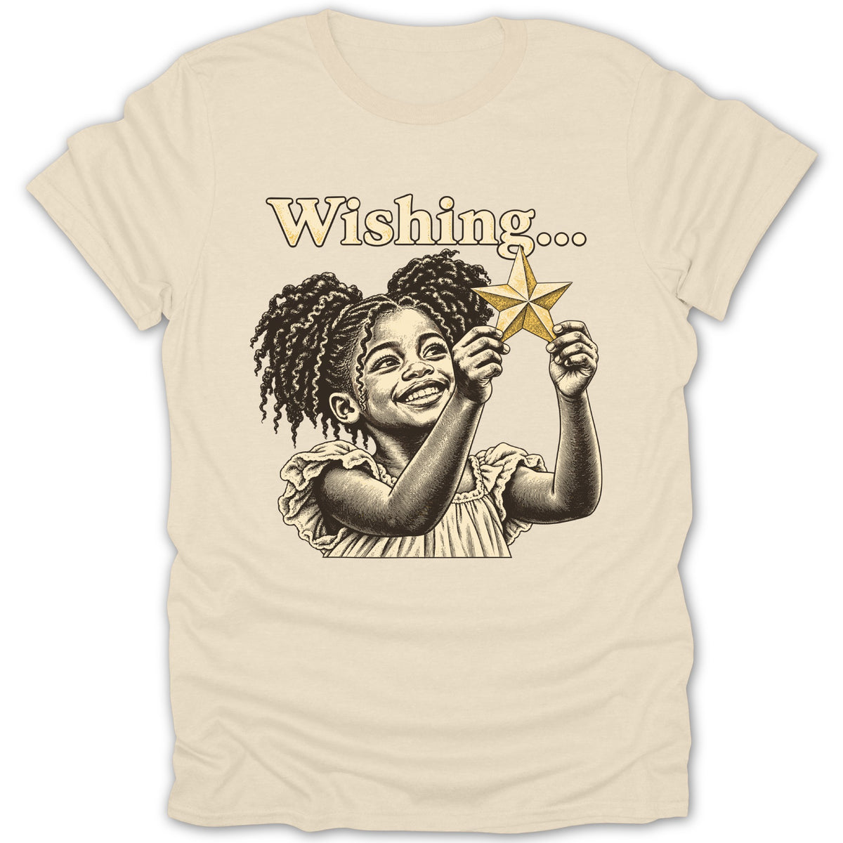 Girl holding a wishing star, with text "Wishing...".