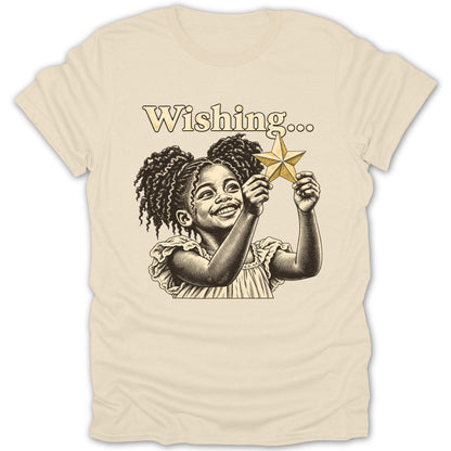 Girl holding a wishing star, with text "Wishing...".
