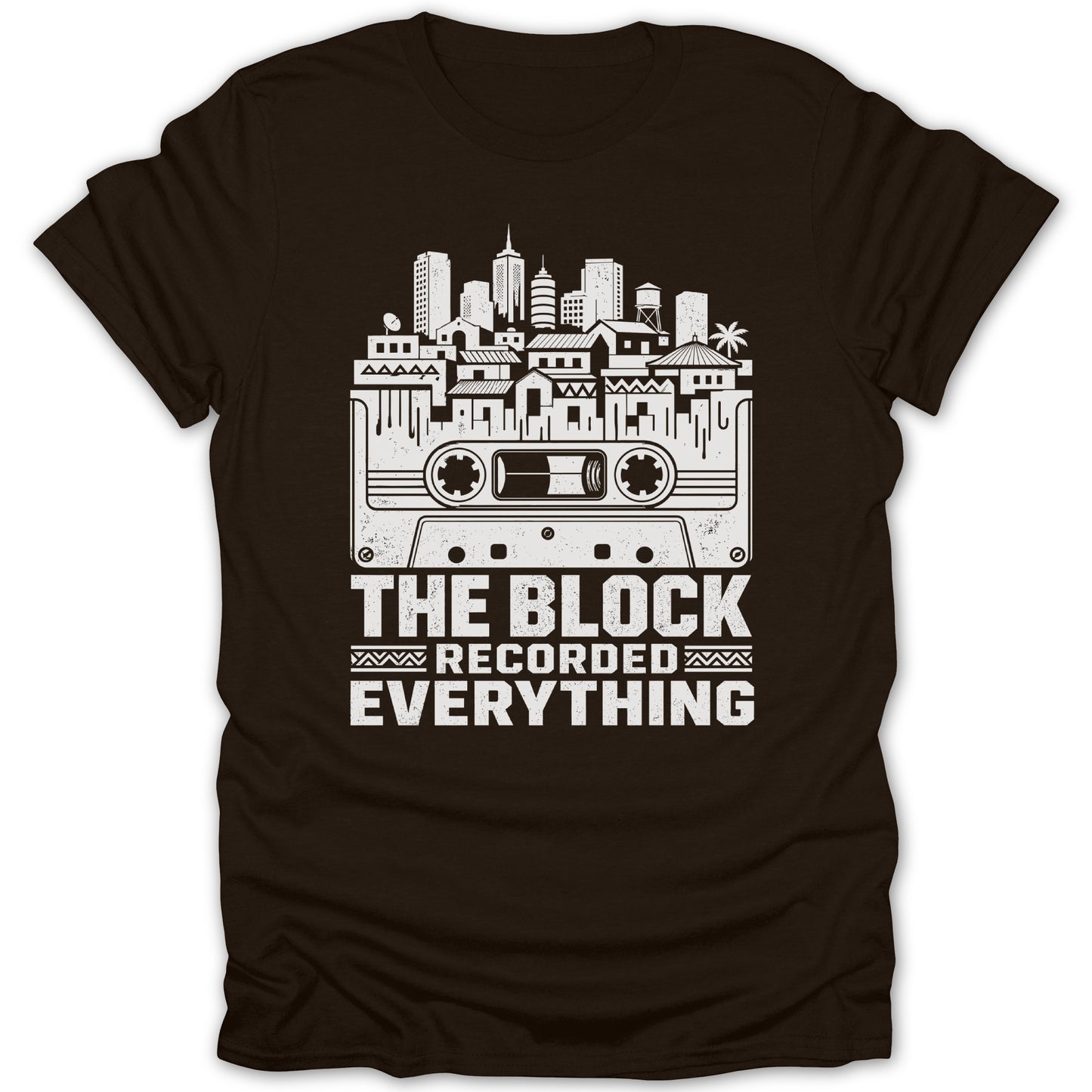 Brown t-shirt with cassette tape and skyline graphic, "The Block Recorded Everything."