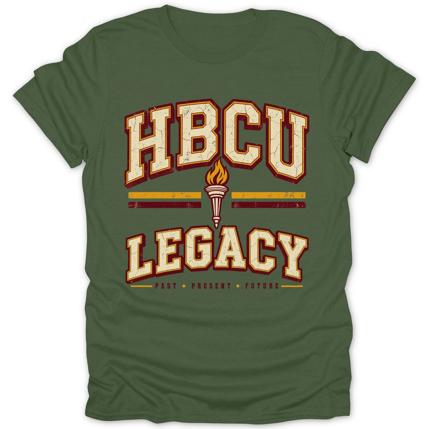 Green t-shirt with "HBCU LEGACY PAST PRESENT FUTURE" text and torch graphic.