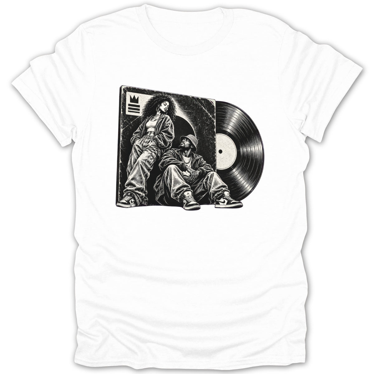 Graphic of a man and woman sitting by a vinyl record with a crown logo.