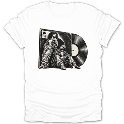 Graphic of a man and woman sitting by a vinyl record with a crown logo.