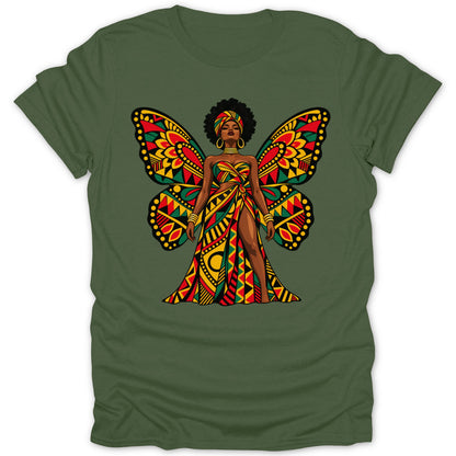 Black woman with butterfly wings in a colorful tribal-patterned dress.