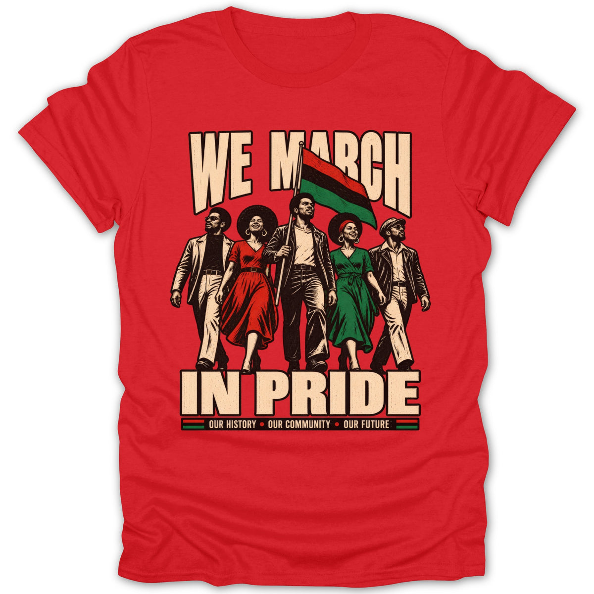 Red t-shirt with "WE MARCH IN PRIDE" text and illustration of five people holding a flag.