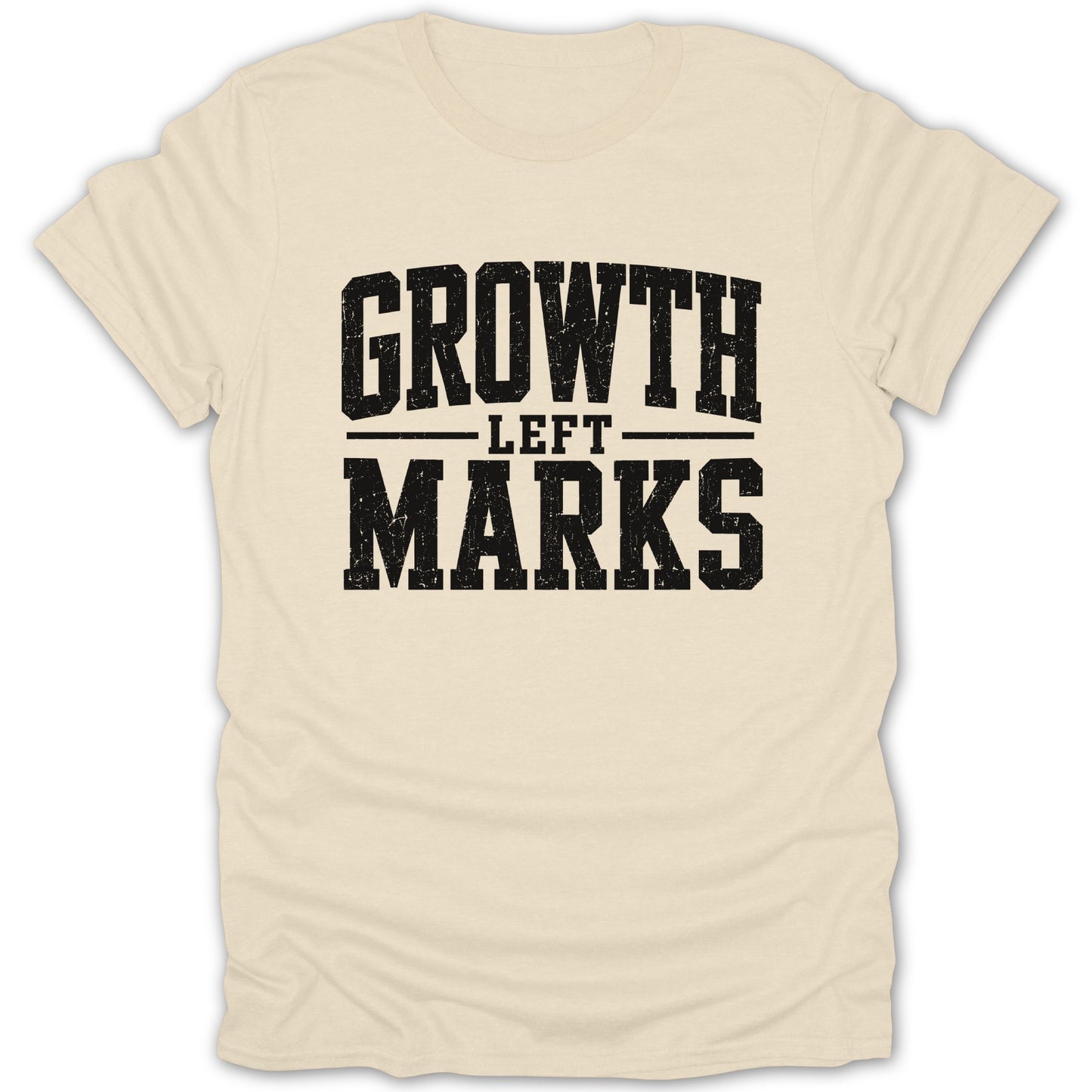 Cream t-shirt with distressed black text reading "GROWTH LEFT MARKS".