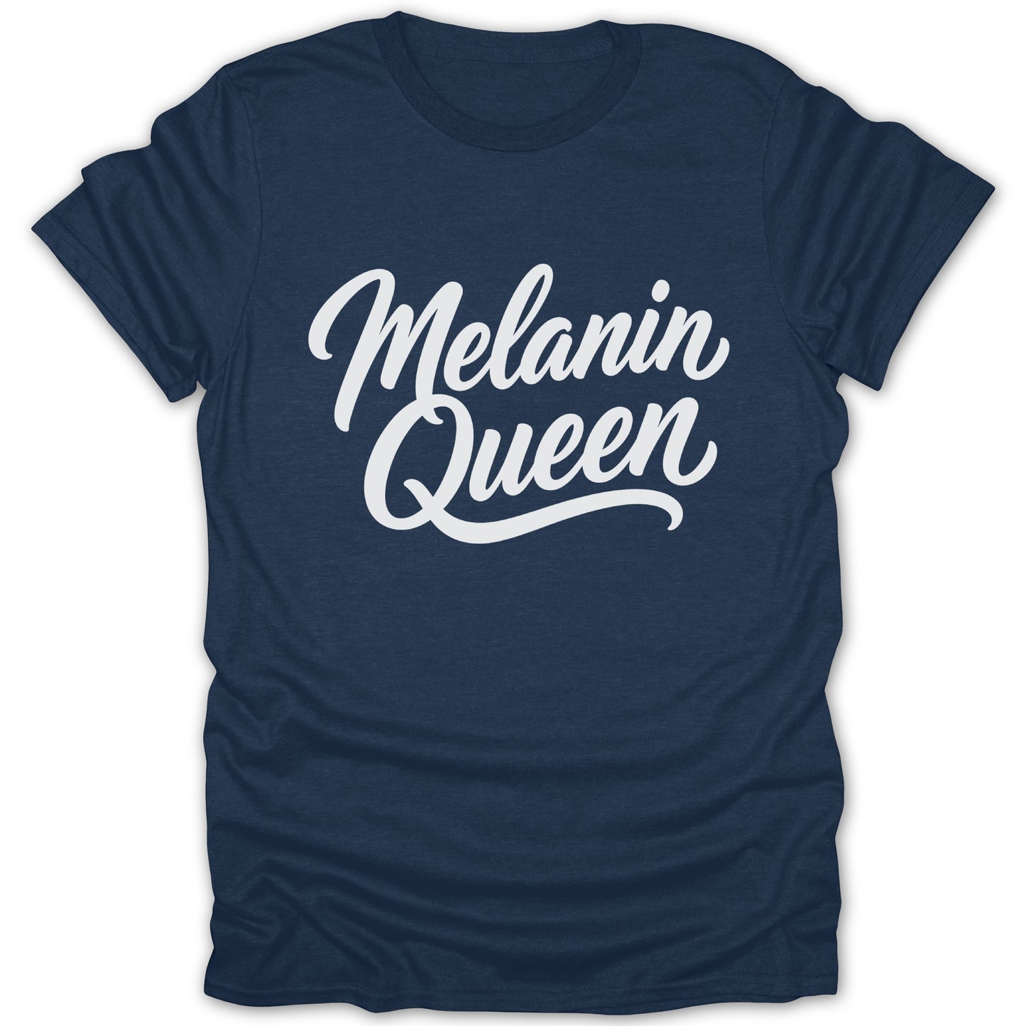 Navy t-shirt with white script text "Melanin Queen"