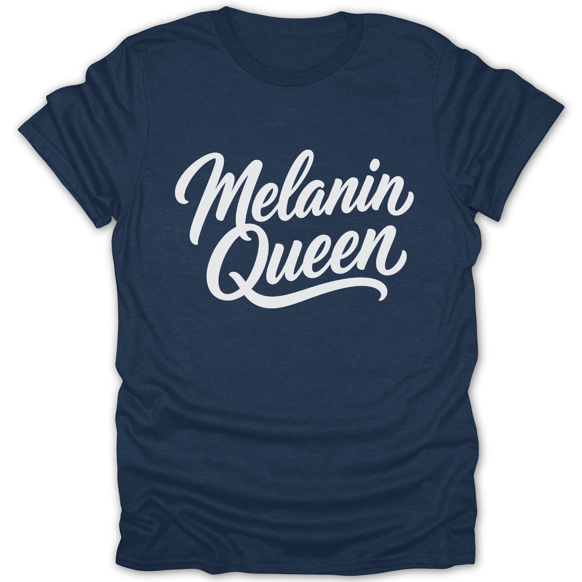 Navy t-shirt with white script text "Melanin Queen"