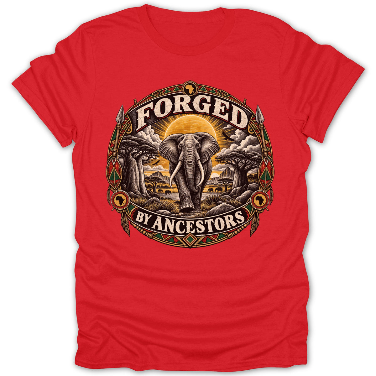 Red t-shirt with "FORGED BY ANCESTORS" text and an elephant in an African savanna scene.