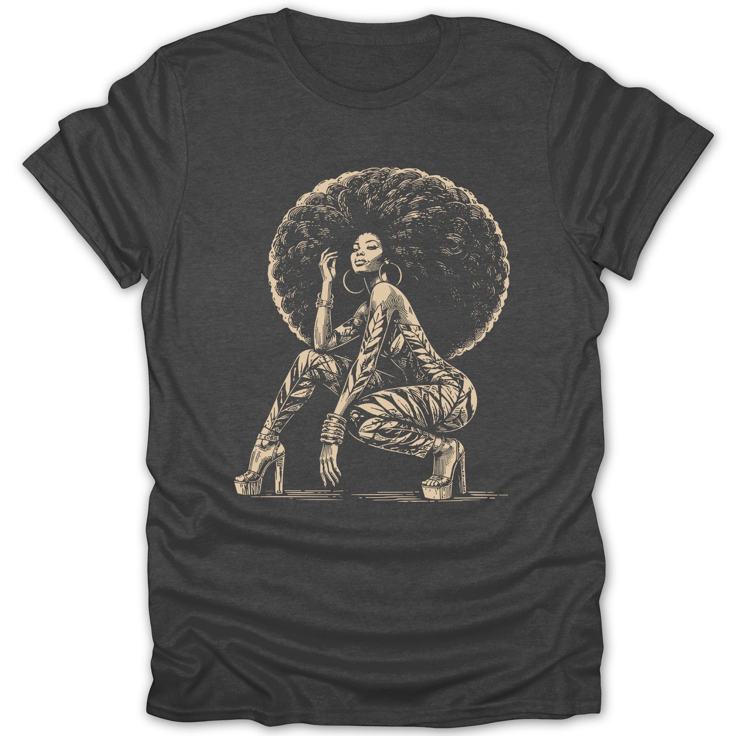 T-shirt with a line drawing of a woman with large afro, crouching, wearing patterned outfit.