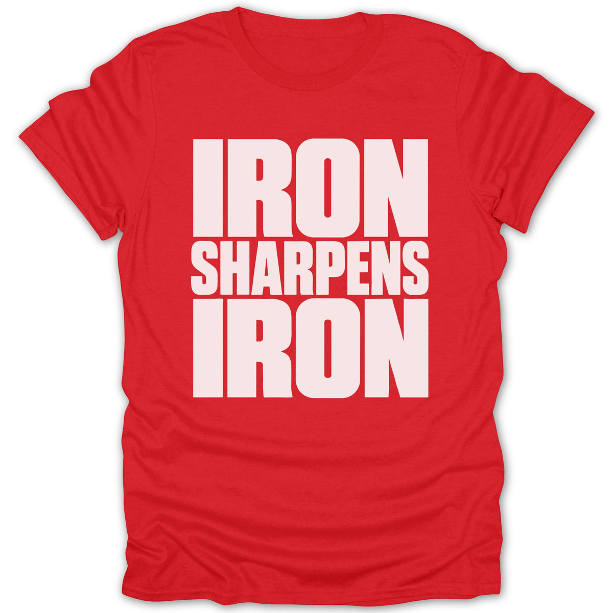A bright red short-sleeved t-shirt featuring bold white text that reads Iron Sharpens Iron.