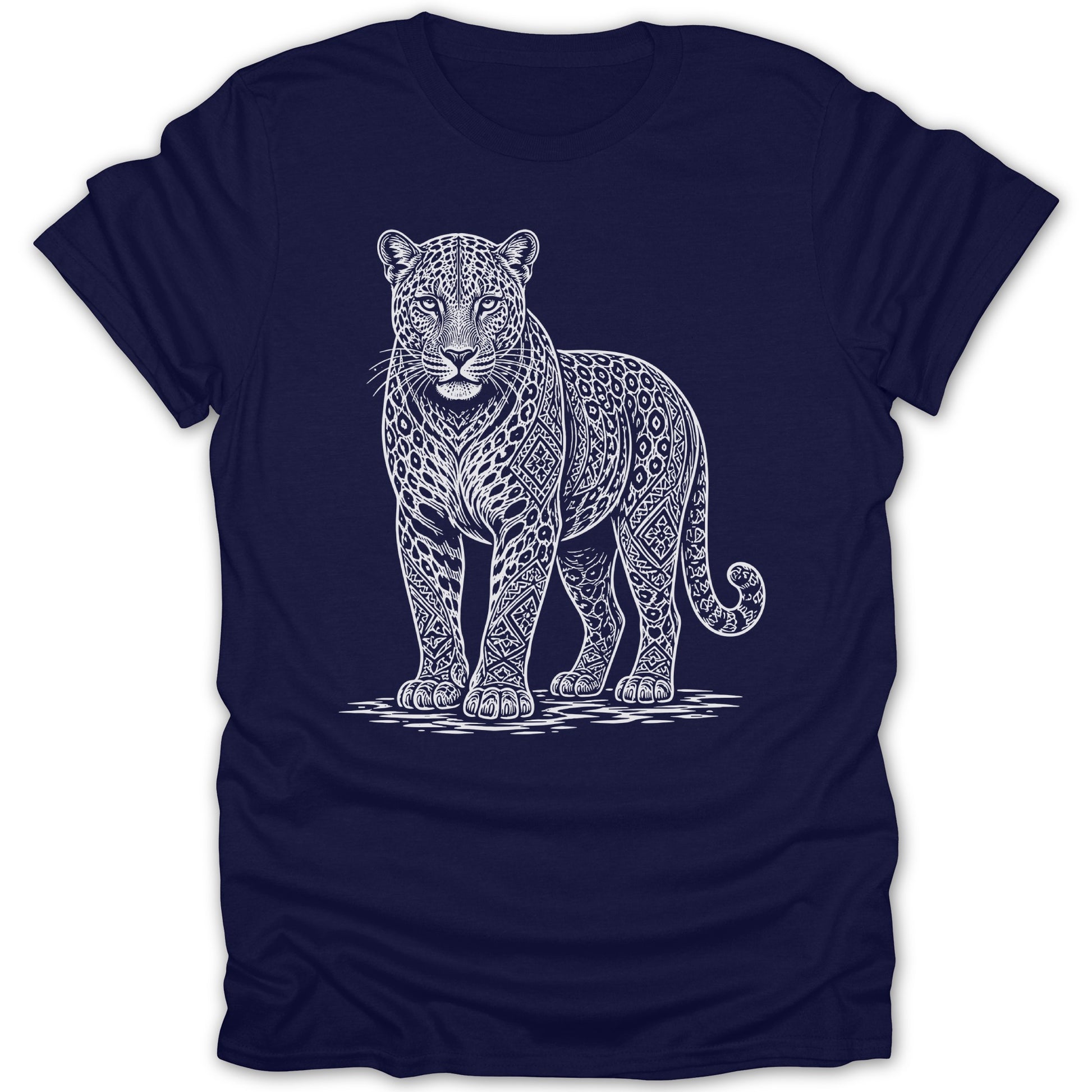 Dark navy t-shirt with a white ornate leopard illustration in the center.