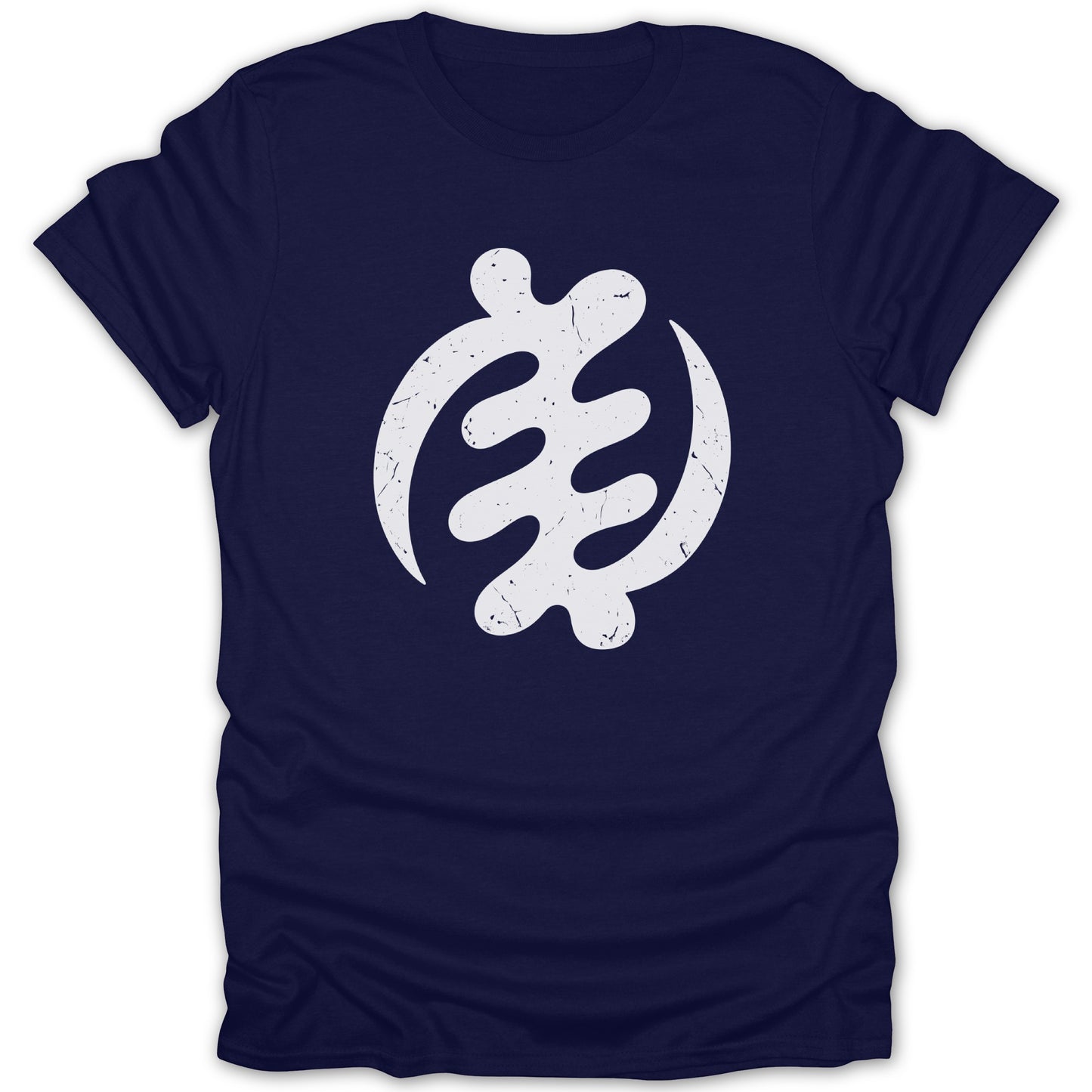 Navy t-shirt with a distressed white Gye Nyame symbol graphic.