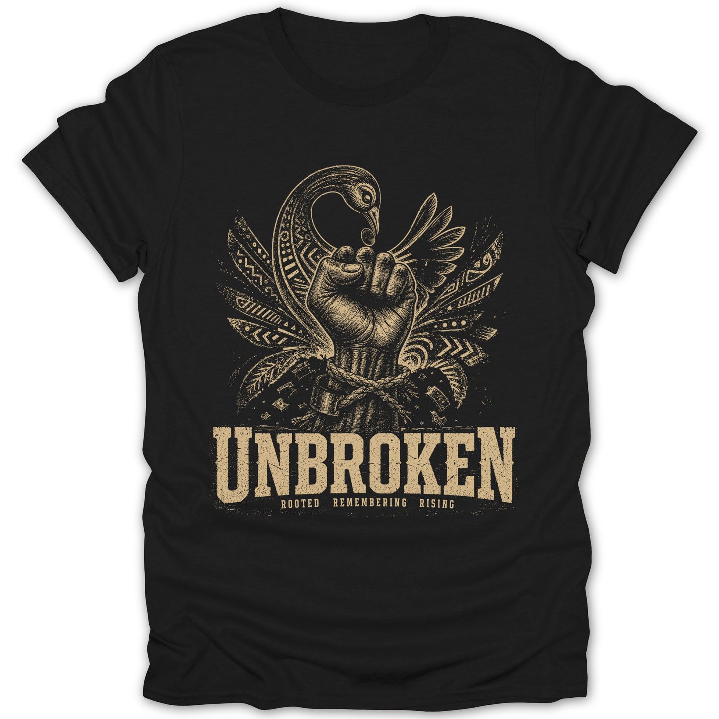 Black t-shirt with a fist breaking chains, a bird, and text "UNBROKEN".