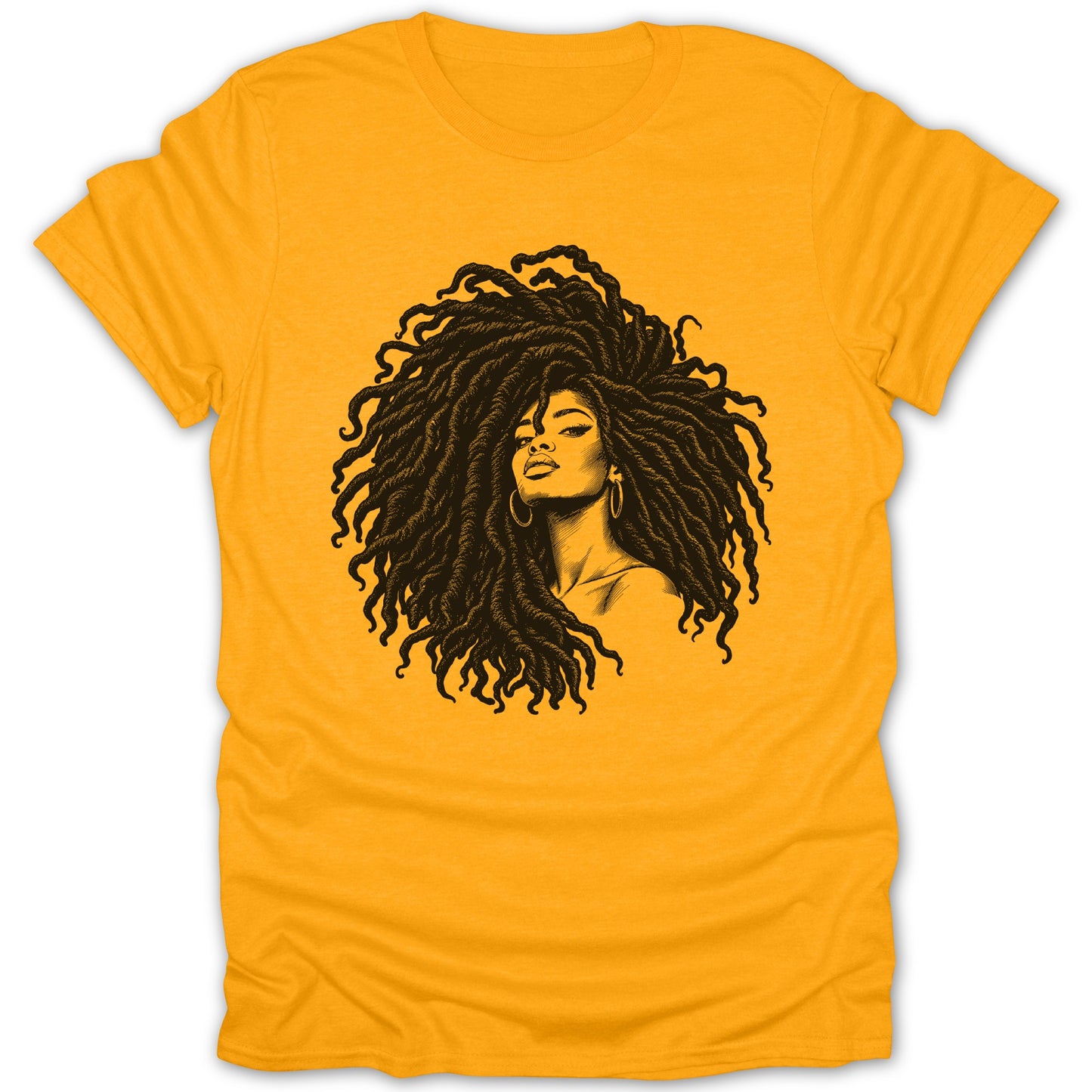 T-shirt with black illustration of woman with voluminous dreadlocks.