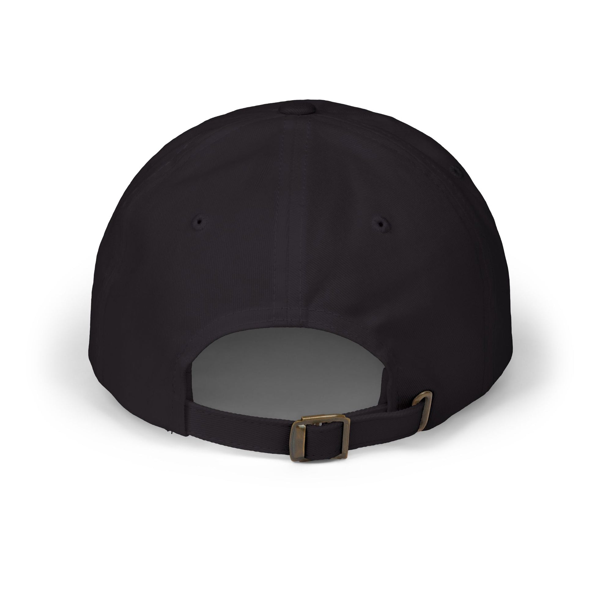 Black baseball cap with adjustable strap and metal buckle, shown from the back.