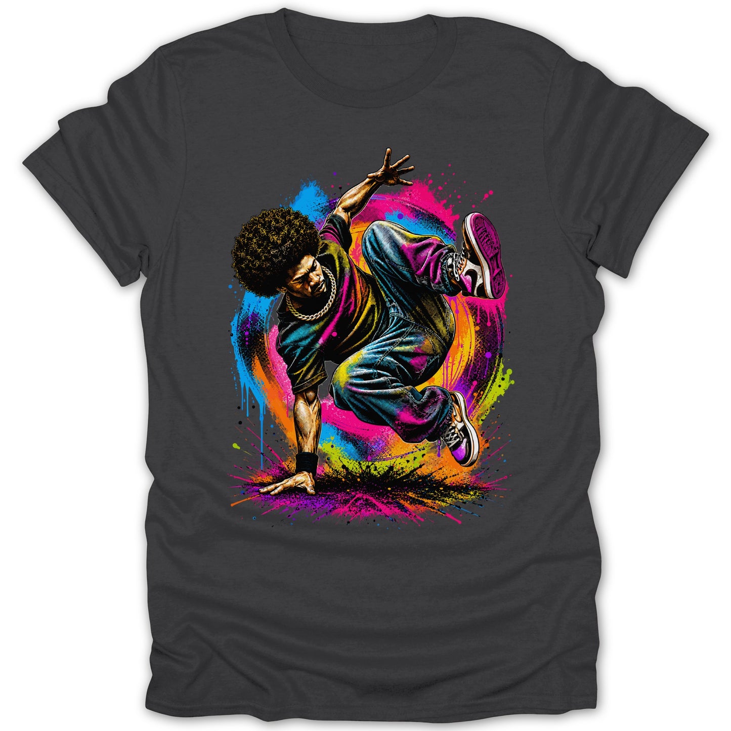 Graffiti art of breakdancer with afro on dark t-shirt, with vibrant paint splatters.
