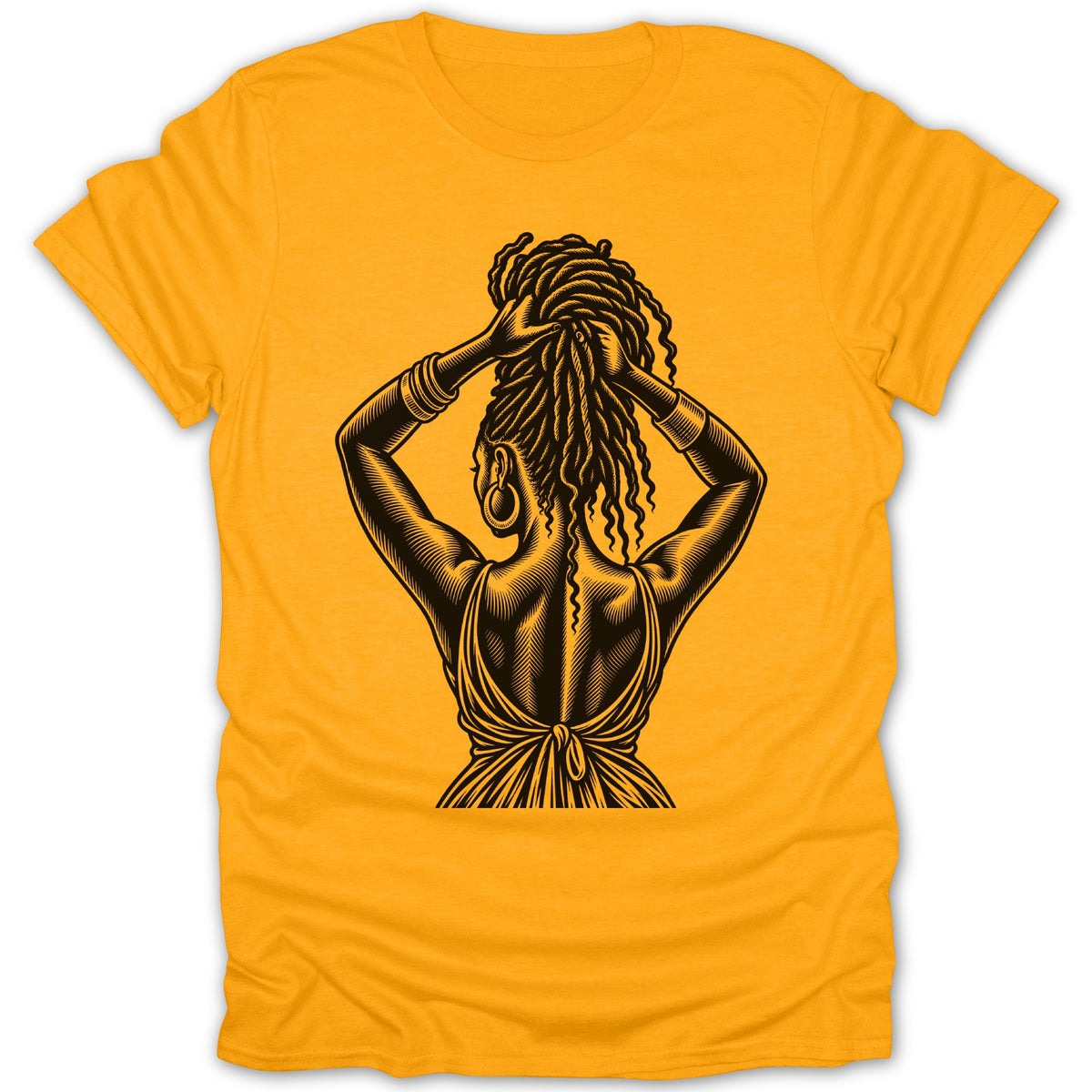 Black line art of a woman with dreadlocks on a yellow t-shirt.