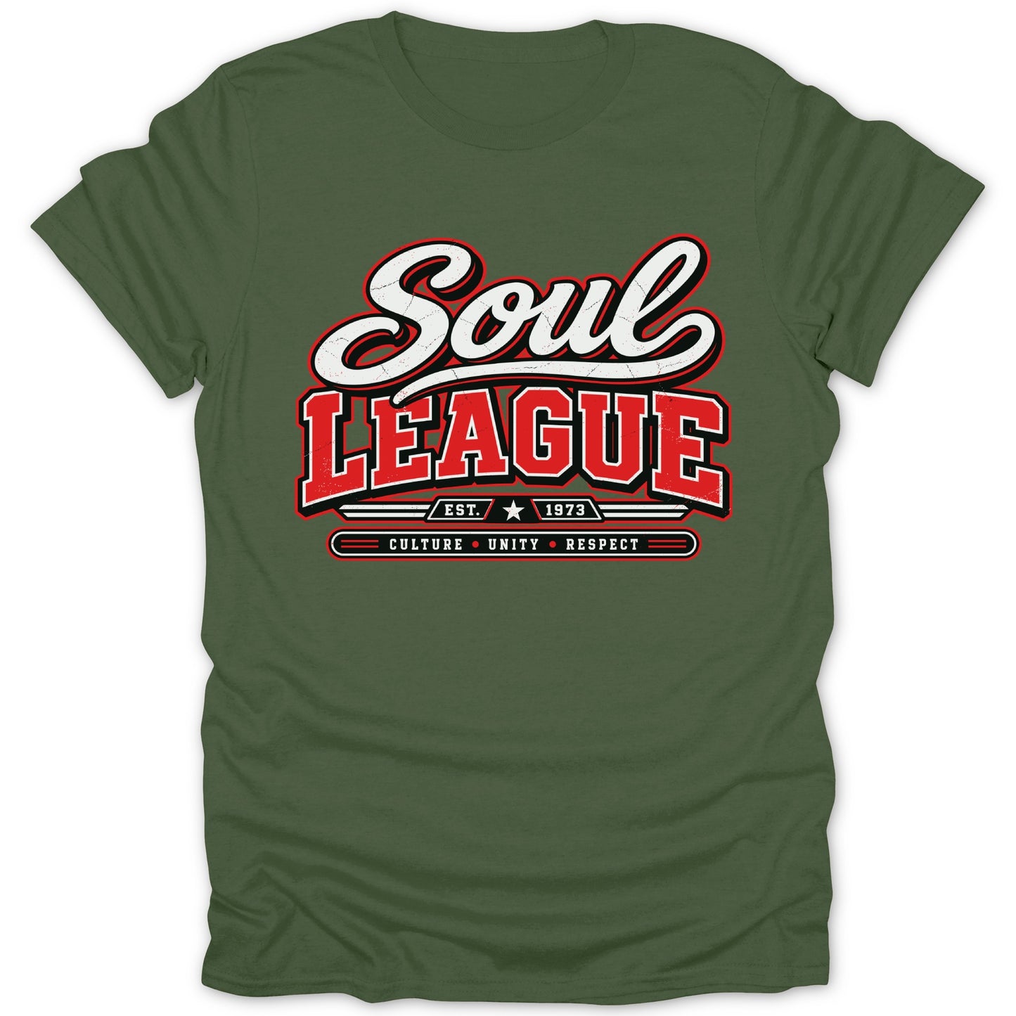 Green t-shirt with "Soul League" text, "Est. 1973", and "Culture Unity Respect" details.