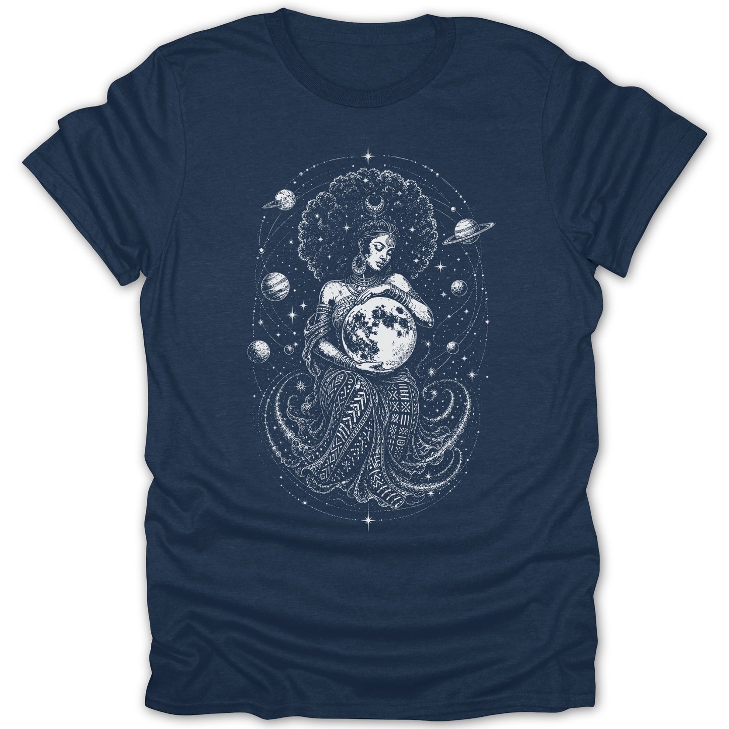 Woman with afro holding moon, surrounded by planets and stars.