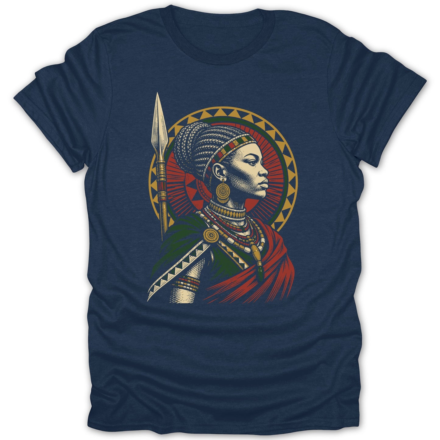 Illustration of a warrior queen in traditional African attire holding a spear.