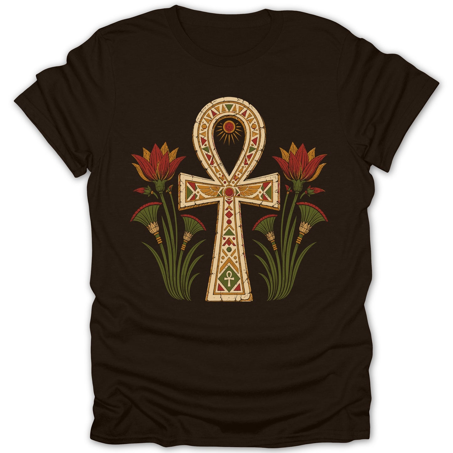 Brown t-shirt with an Ankh symbol surrounded by Egyptian lotus flowers and sun motif.